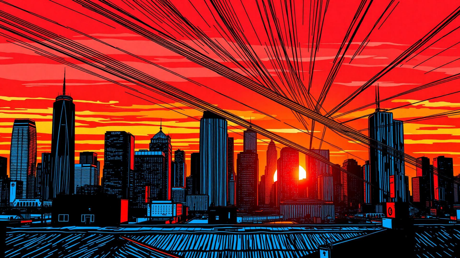 Comic-book city skyline at sunset with web lines